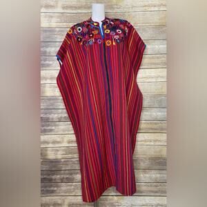 VINTAGE RED GUATEMALAN HAND LOOMED KAFTAN FLORAL EMBROIDERED HUIPIL DRESS